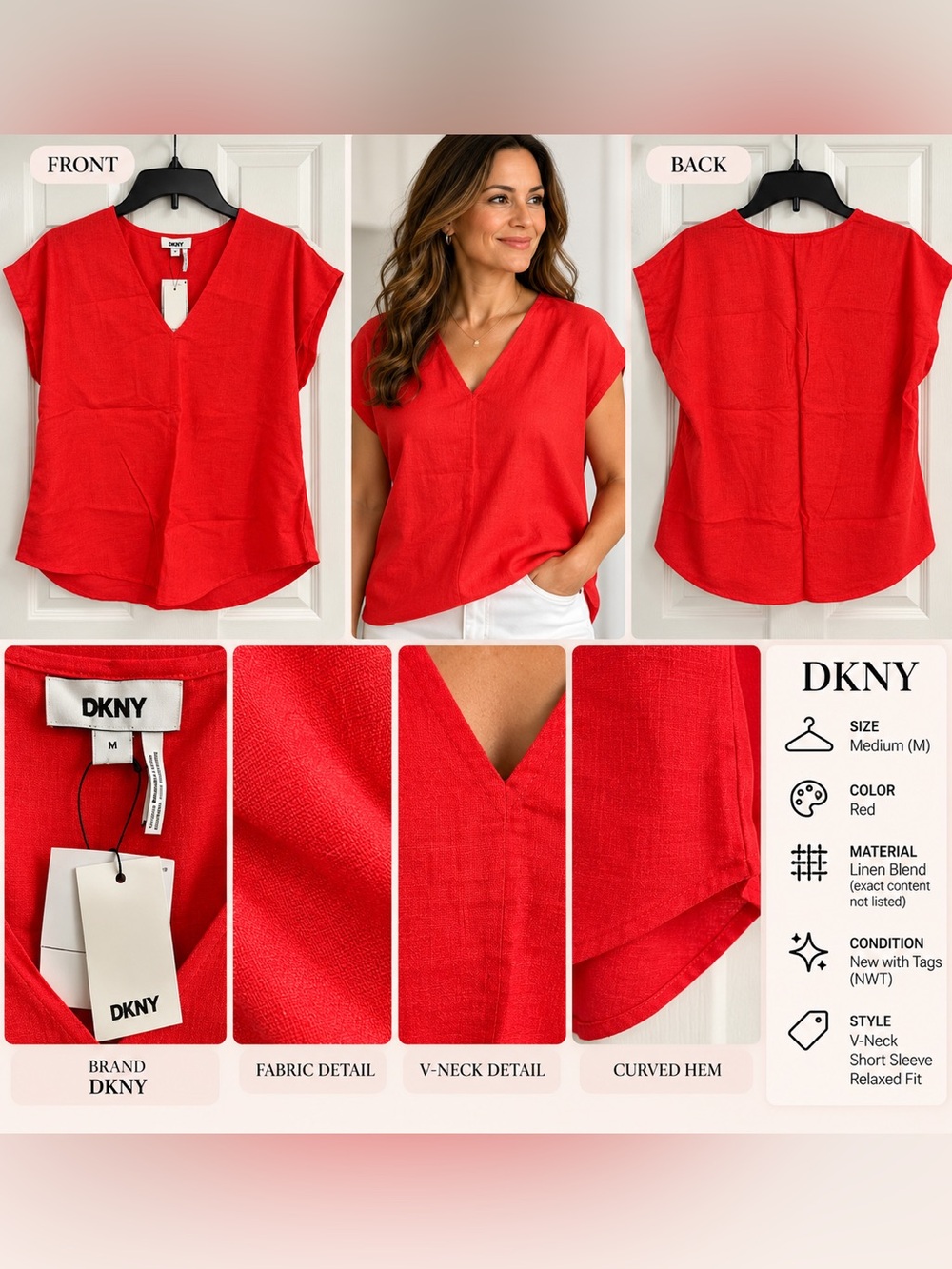 DKNY Red V-Neck Short Sleeve Relaxed Blouse